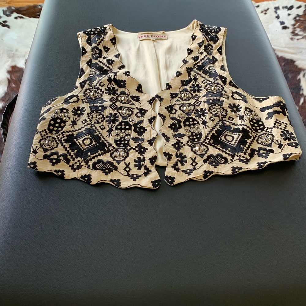 Free People Black and Cream Embroidered Vest